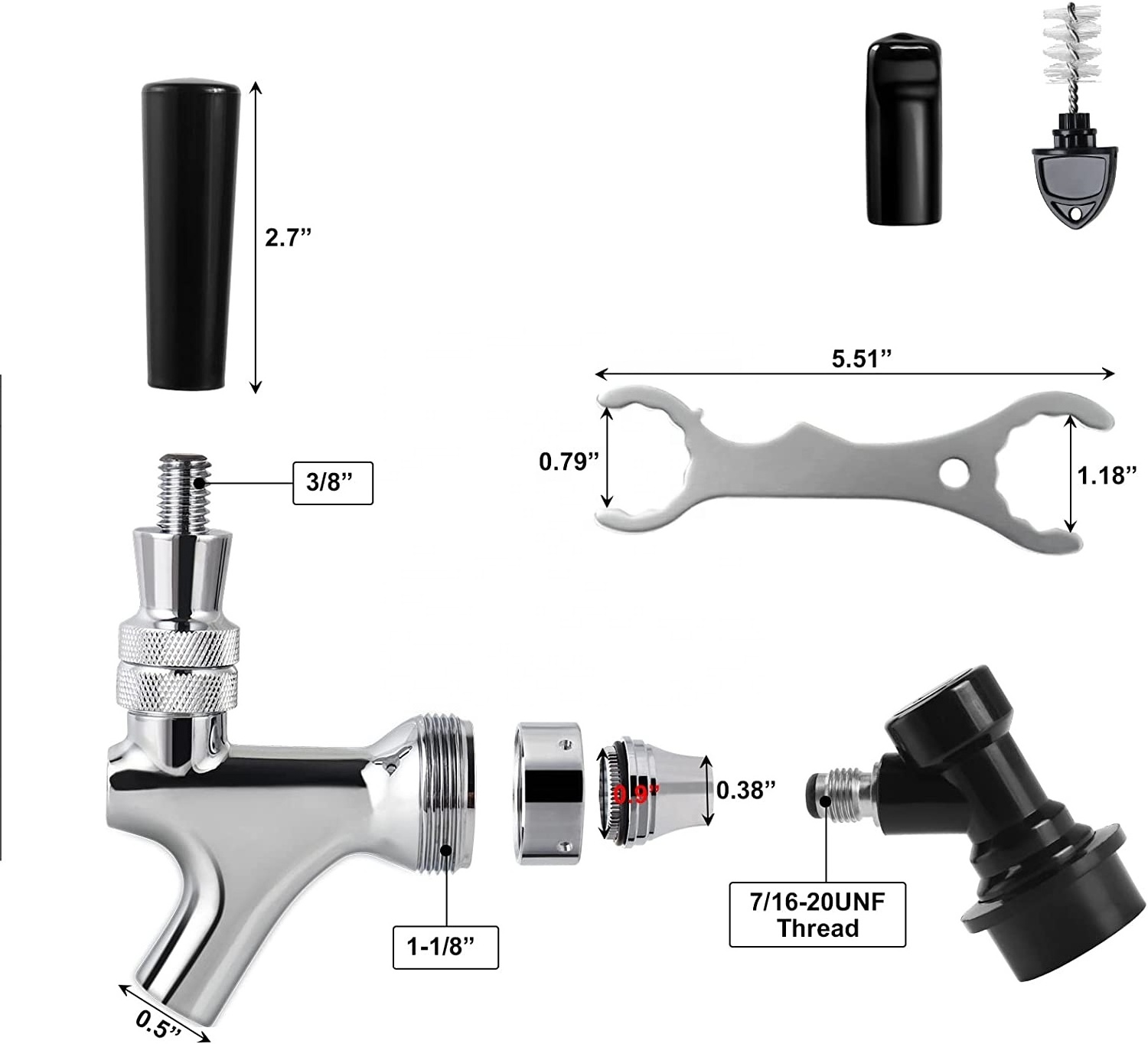 Beer Faucet Ball Lock Tap Beer Keg Tap Faucet Stainless Steel Core Polished Chrome-Plated Brass Beer Tap with Wrench for Picnic