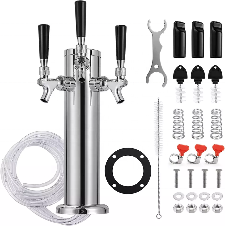 Single Tap Draft Beer Tower, Stainless Steel 3'' Flange Self-Closing Stainless Core Beer Faucet Sankey Keg Tap 1/4'' Barb Fittin