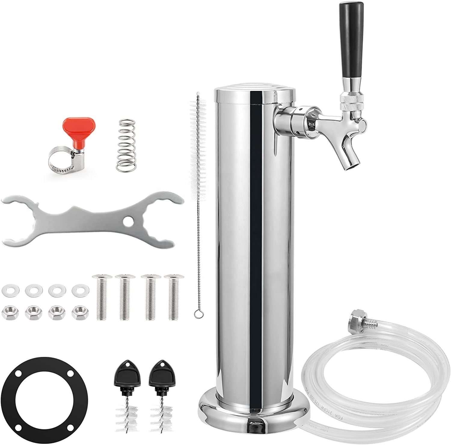 Single Tap Draft Beer Tower, Stainless Steel 3'' Flange Self-Closing Stainless Core Beer Faucet Sankey Keg Tap 1/4'' Barb Fittin