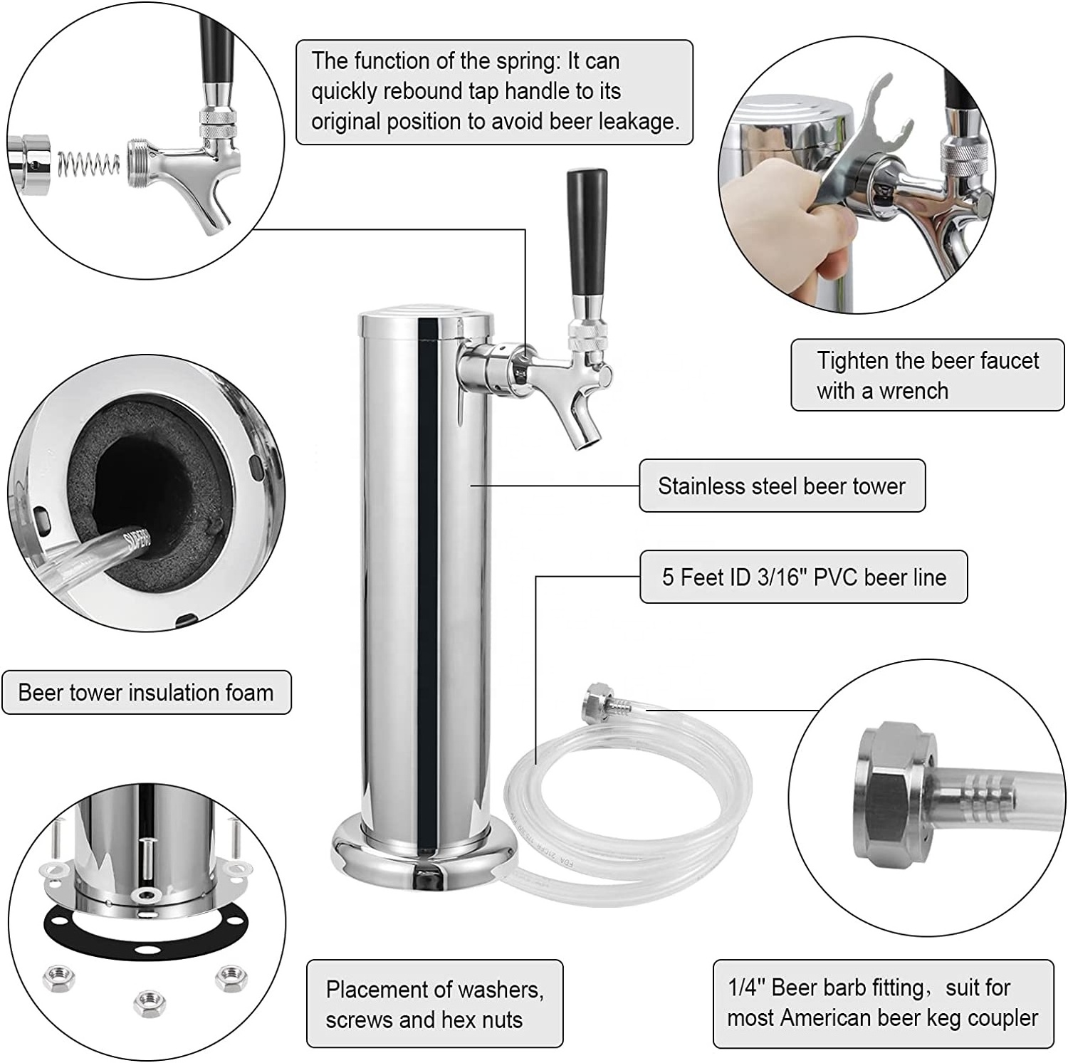 Single Tap Draft Beer Tower, Stainless Steel 3'' Flange Self-Closing Stainless Core Beer Faucet Sankey Keg Tap 1/4'' Barb Fittin