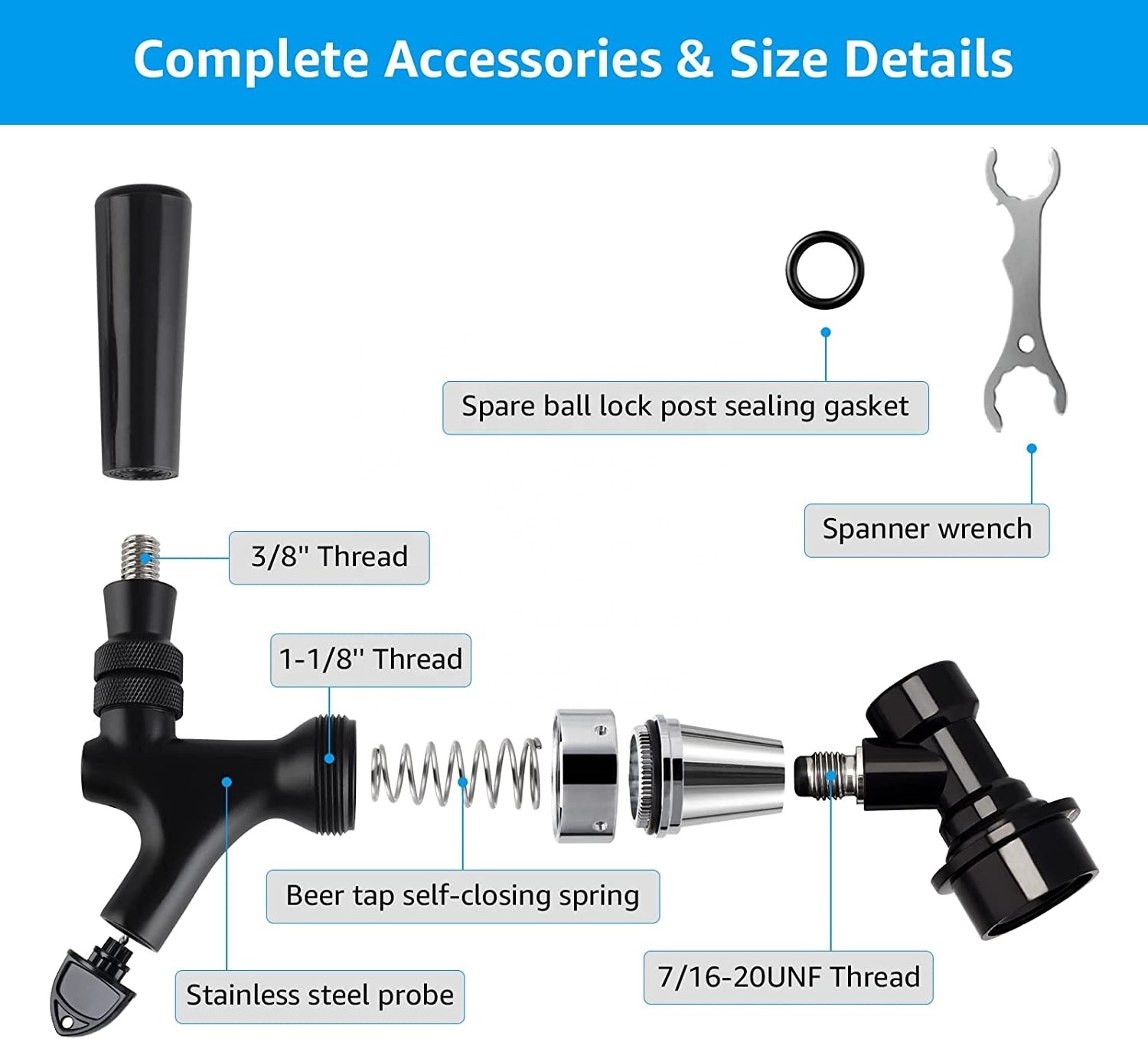 Beer Faucet Ball Lock Disconnect Fitting Kit, Self-Closing Spring Stainless Core Black-Plated Brass Tap Dispenser Spanner Wrench