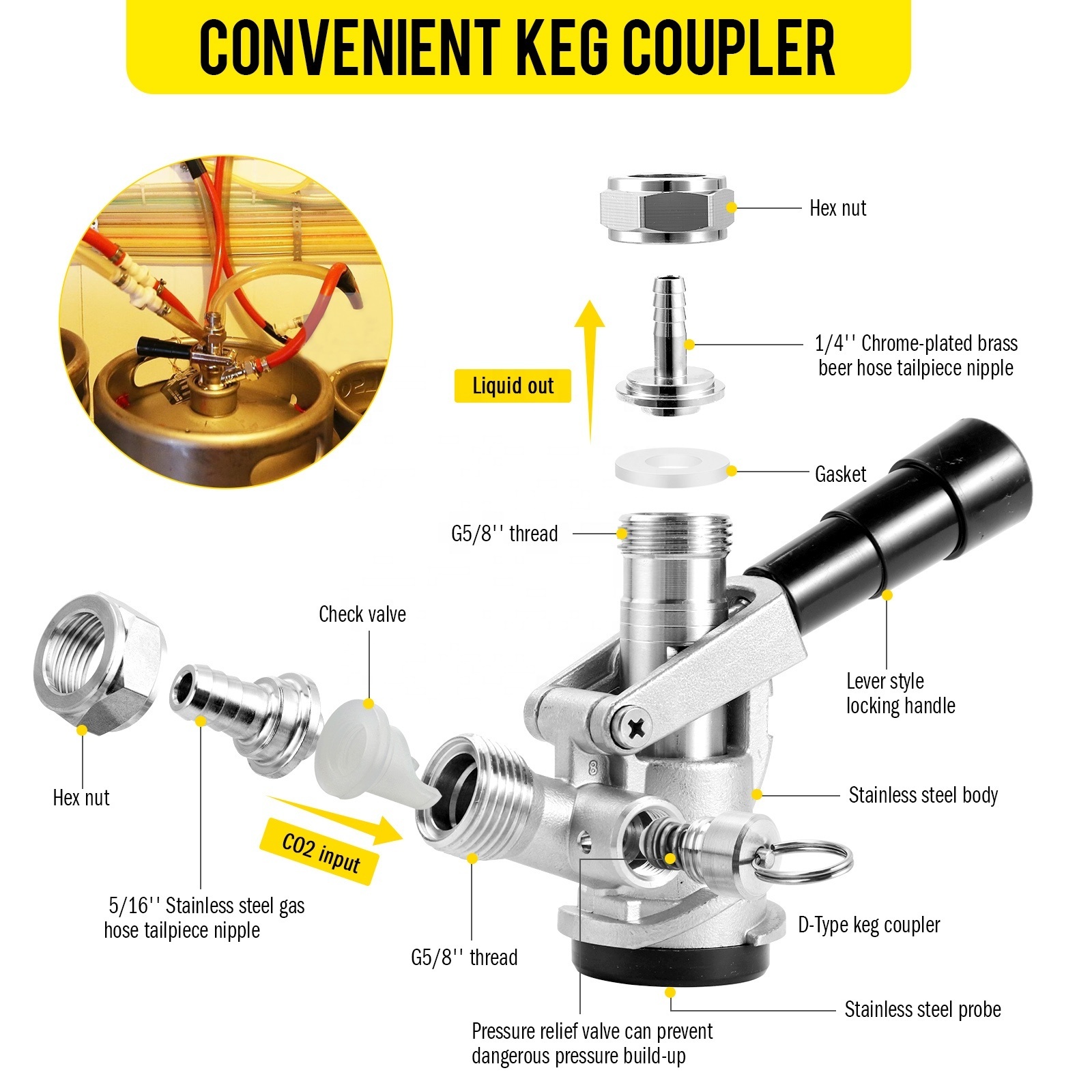 Double Tap Beer Conversion Kit, Stainless Steel Keg Tower Beer Conversion With Dual Gauge Regulator D System Keg Coupler