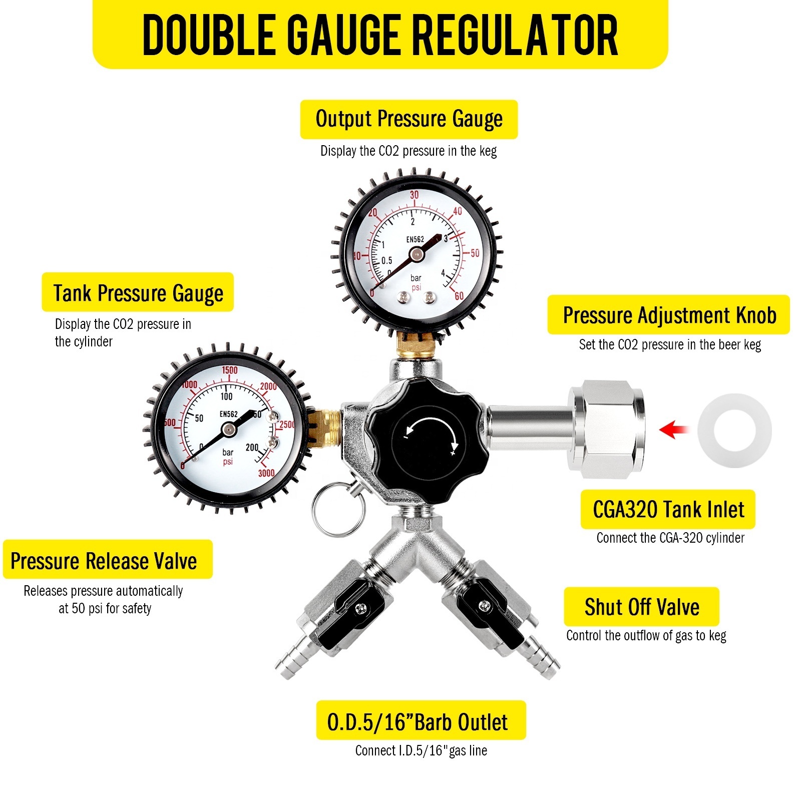 BACOENG Double Faucet Kegerator Conversion Kit - Stainless Steel Tower With Dual Gauge Regulator, No Tank