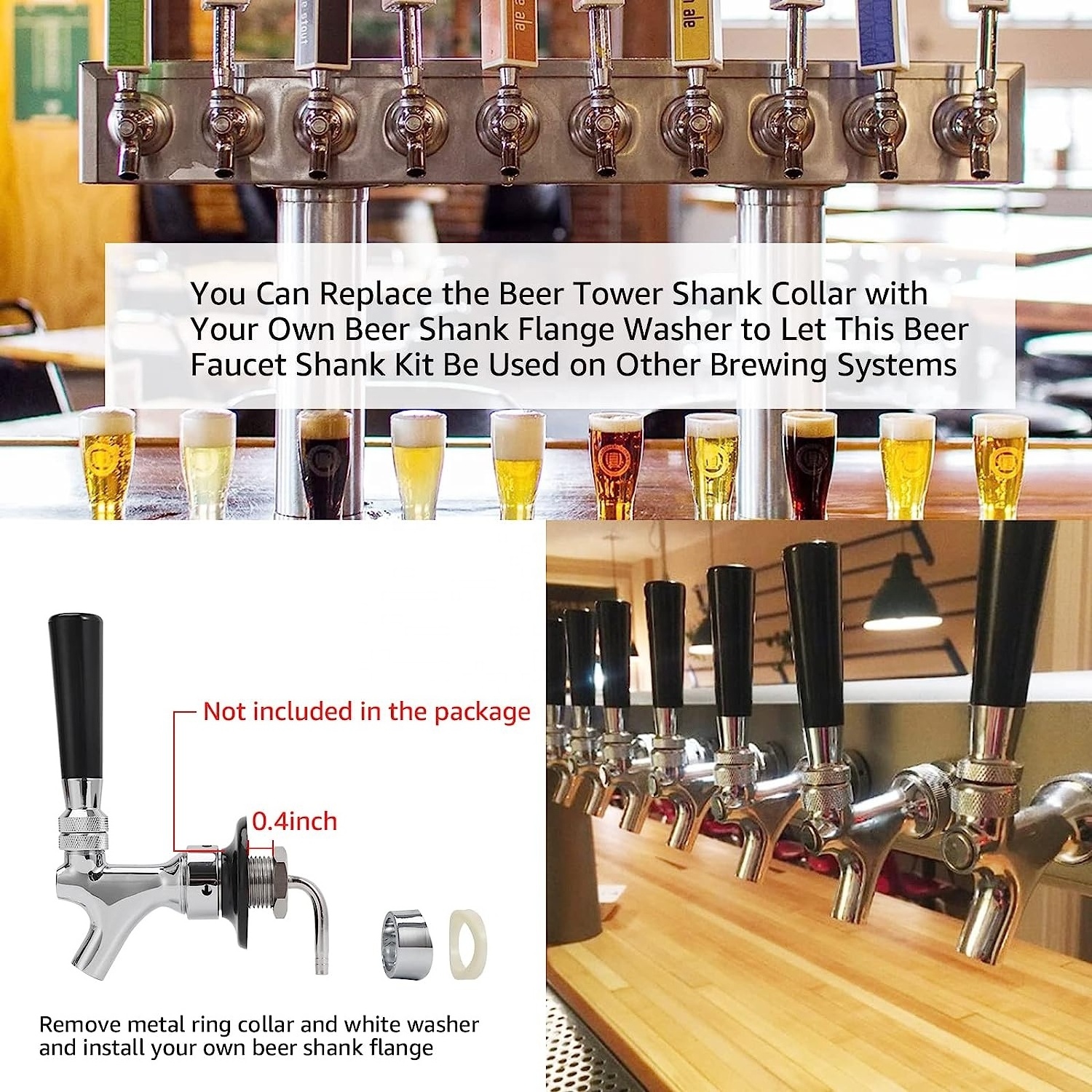 Draft Beer Line Shank Faucet Kit, Stainless Core Beer Tap Self-Closing Spring Tap Wrench No Leak 3/16'' Brewing Tubing 1/4'' Keg