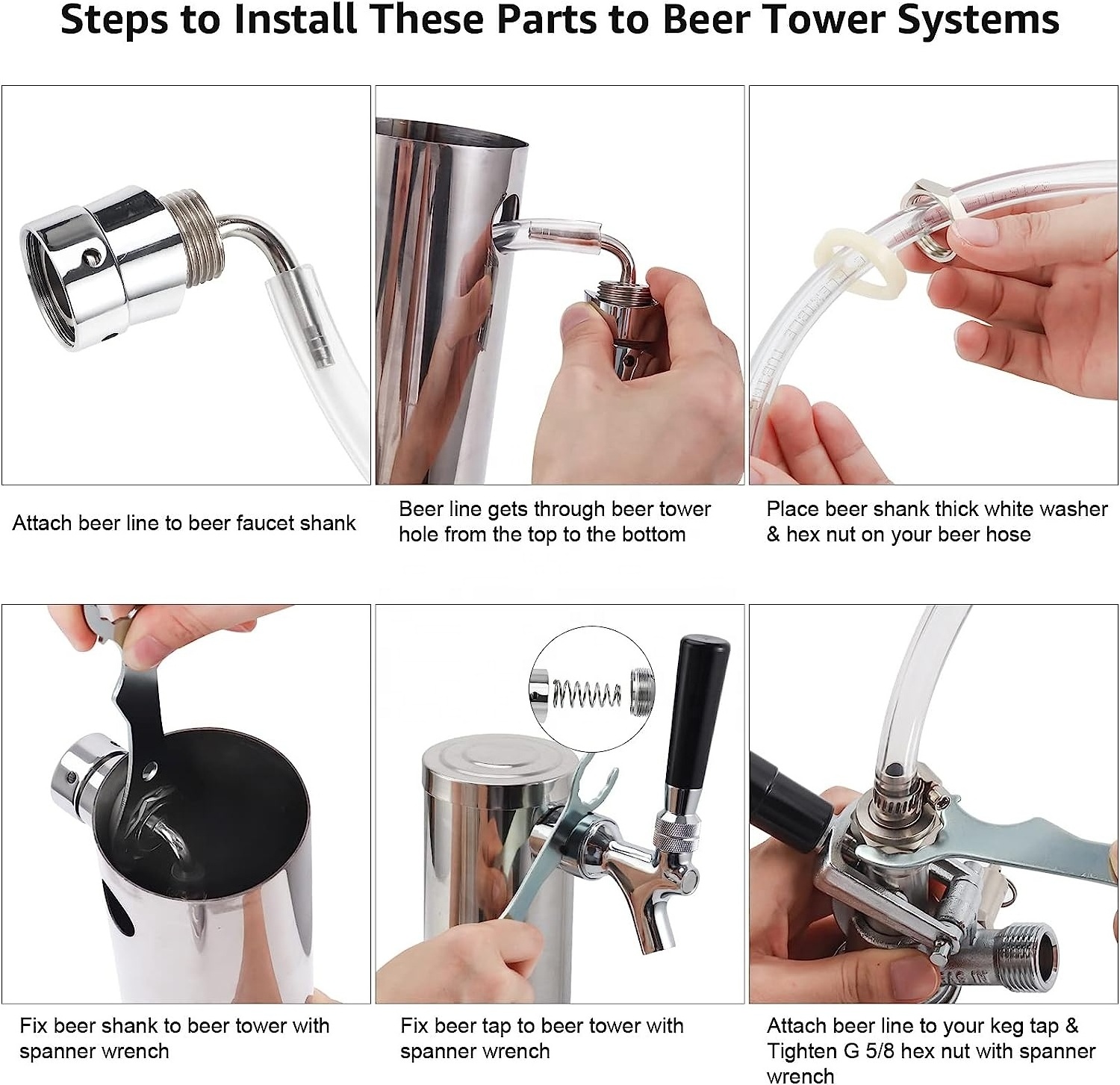 Draft Beer Line Shank Faucet Kit, Stainless Core Beer Tap Self-Closing Spring Tap Wrench No Leak 3/16'' Brewing Tubing 1/4'' Keg