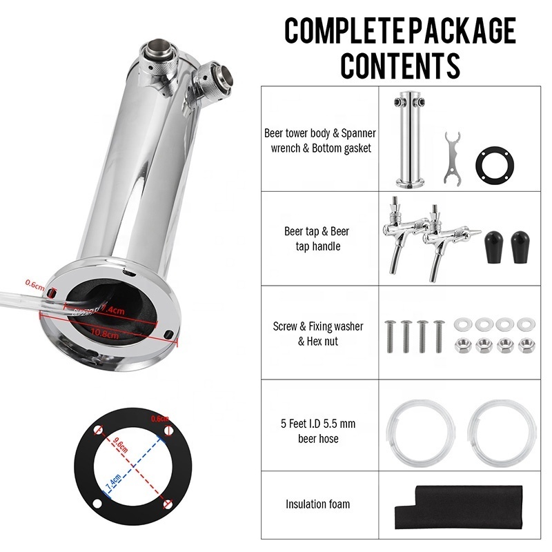 Dual Beer Faucet Tap Kegerator Tower,3'' Dia. Stainless Steel Column Beer Dispenser with Hose,Wrench,Brewing Bar Kit