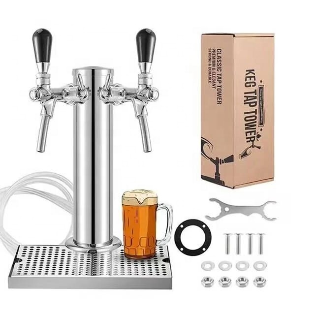 Dual Beer Faucet Tap Kegerator Tower,3'' Dia. Stainless Steel Column Beer Dispenser with Hose,Wrench,Brewing Bar Kit