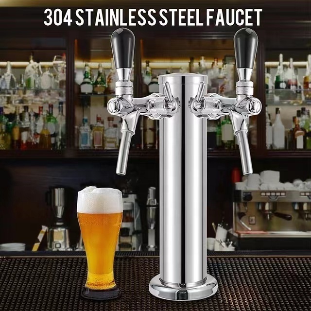 Dual Beer Faucet Tap Kegerator Tower,3'' Dia. Stainless Steel Column Beer Dispenser with Hose,Wrench,Brewing Bar Kit