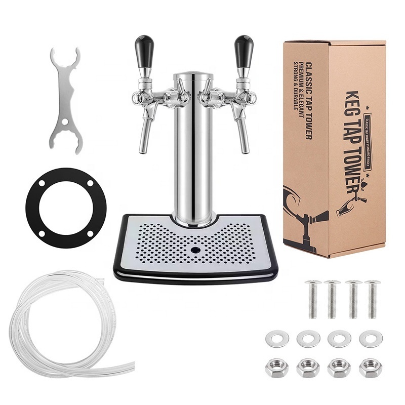 Dual Beer Faucet Tap Kegerator Tower with Beer Drip Tray,3'' Dia. Stainless Steel Column Beer Dispenser with Hose,Wrench Brewing