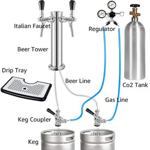 Dual Beer Faucet Tap Kegerator Tower with Beer Drip Tray,3'' Dia. Stainless Steel Column Beer Dispenser with Hose,Wrench Brewing