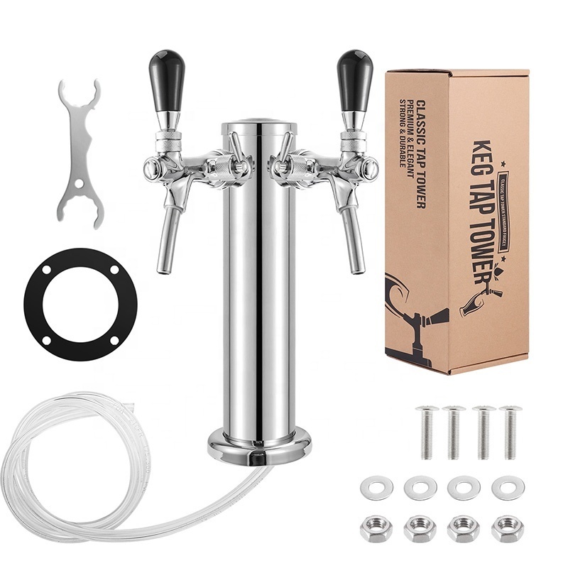 Dual Beer Faucet Tap Kegerator Tower with Beer Drip Tray,3'' Dia. Stainless Steel Column Beer Dispenser with Hose,Wrench Brewing