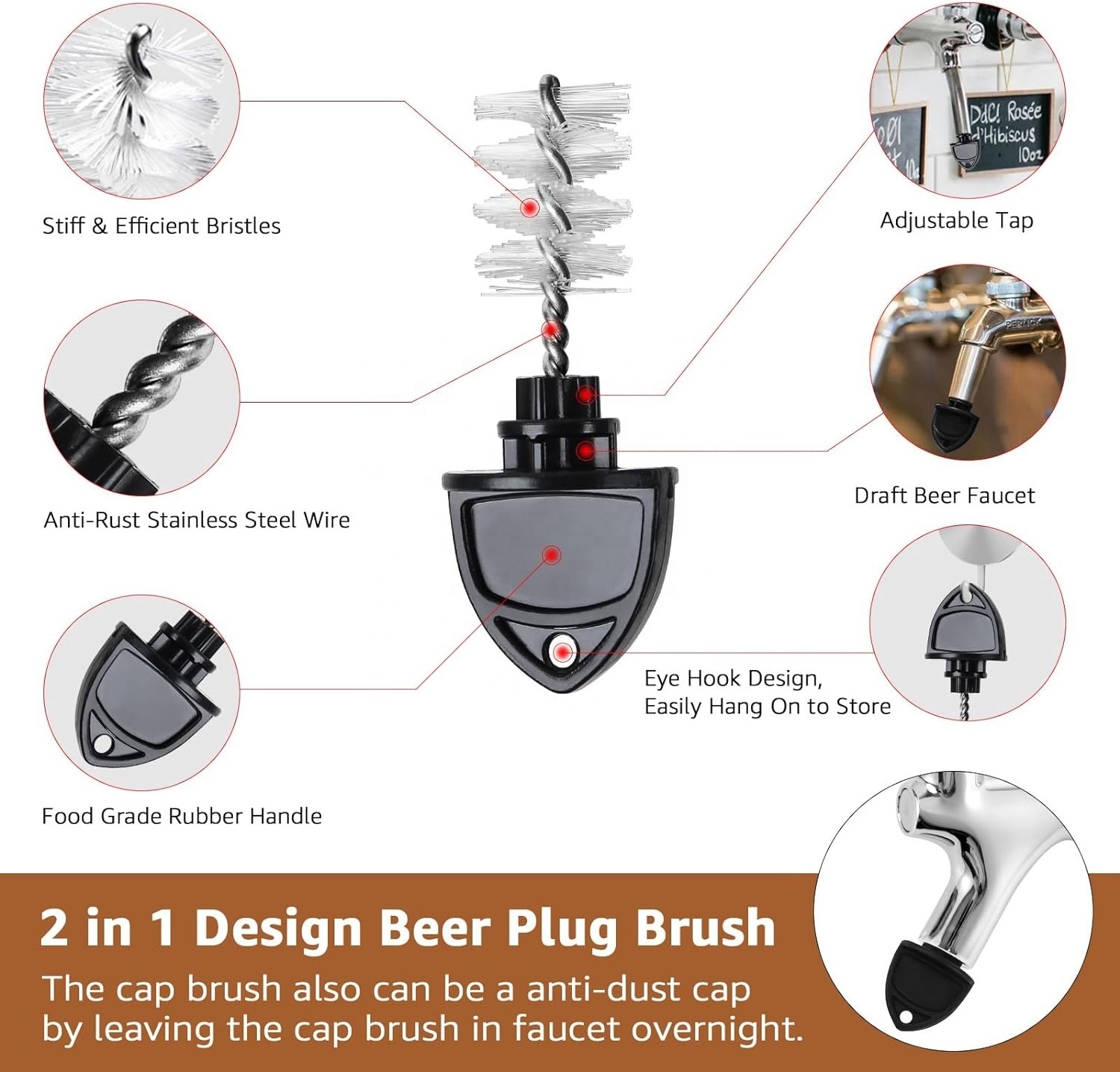 Beer Tap Faucet Plug Brush  Cover with Long Faucet Cleaning Brush for Most Standard American Beer Faucets