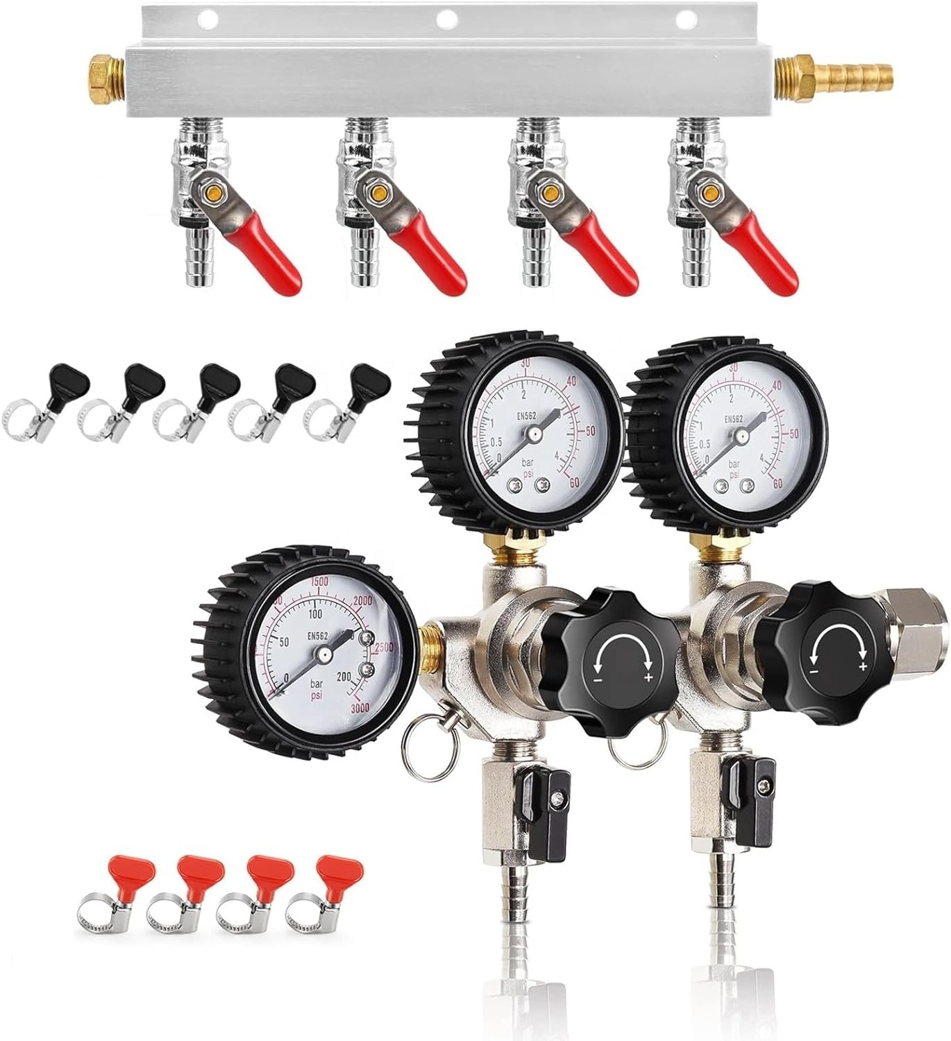 CGA320 Keg CO2 Regulator Dual CO2 Regulator and Gas Manifold CO2 Gas Distributor with  Beer Gas Line Clamps Hose Clamp gift