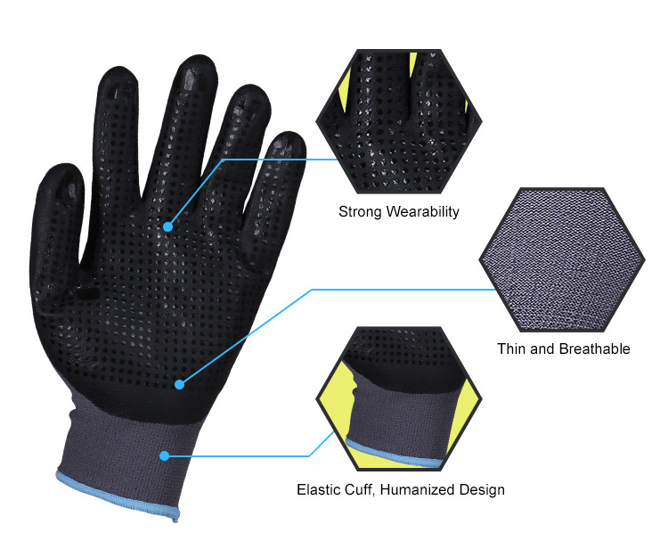 15 gauge High flex shell coated breathable nitrile foam and nitrile dots on working safety gloves