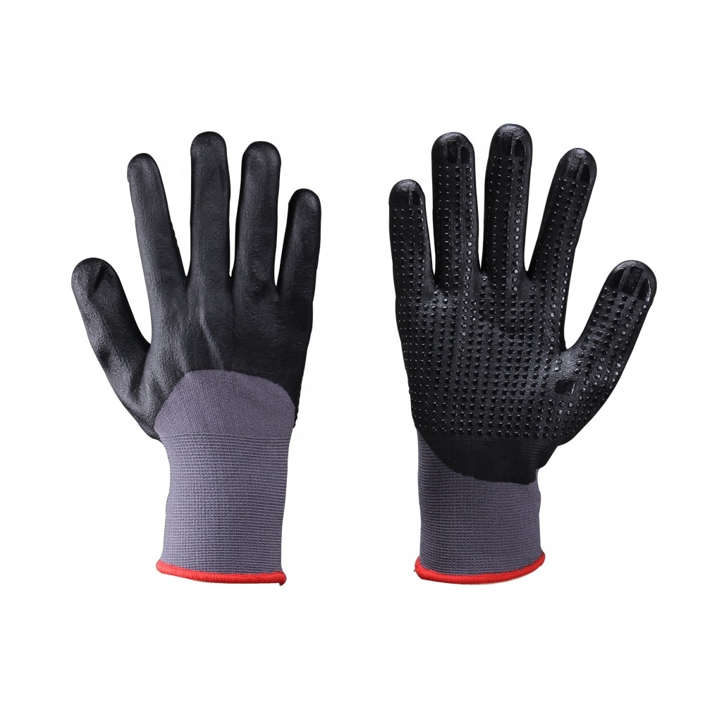 15 gauge High flex shell coated breathable nitrile foam and nitrile dots on working safety gloves