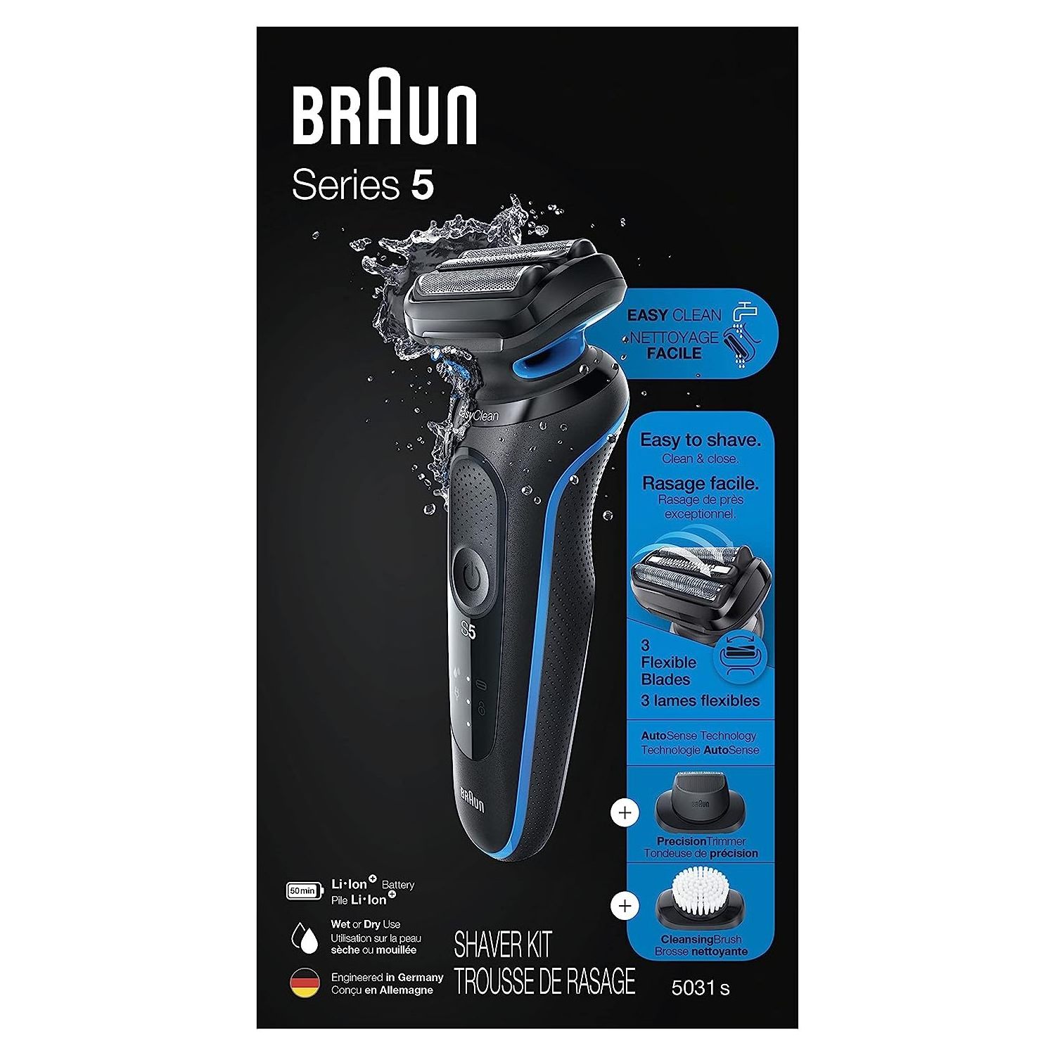 Braun Series 5 5031s Electric Shaver with Precision Trimmer and Cleansing Brush Attachments, Wet & Dry, Rechargeable