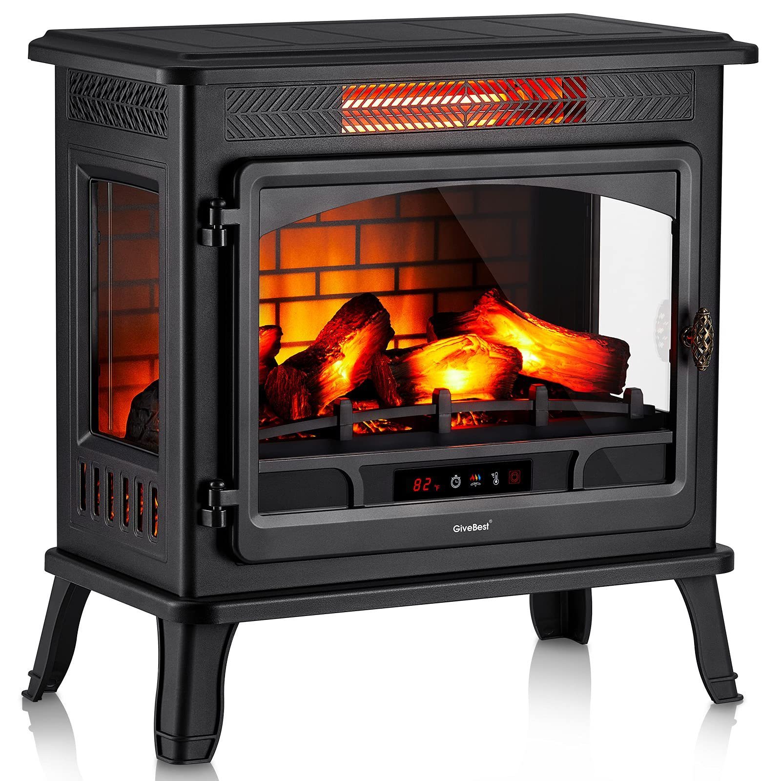 Kndko 24'' Black Electric Fireplace 1500w Freestanding Portable Indoor Electric Stove Heater w/ 3D Flame Effect