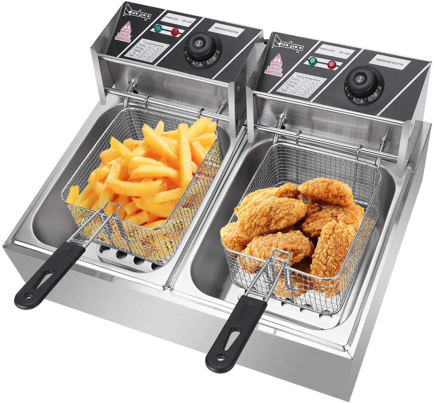 2 Tank Stainless Steel Deep Fryer with Double Basket Square Large Countertop Temperature Control