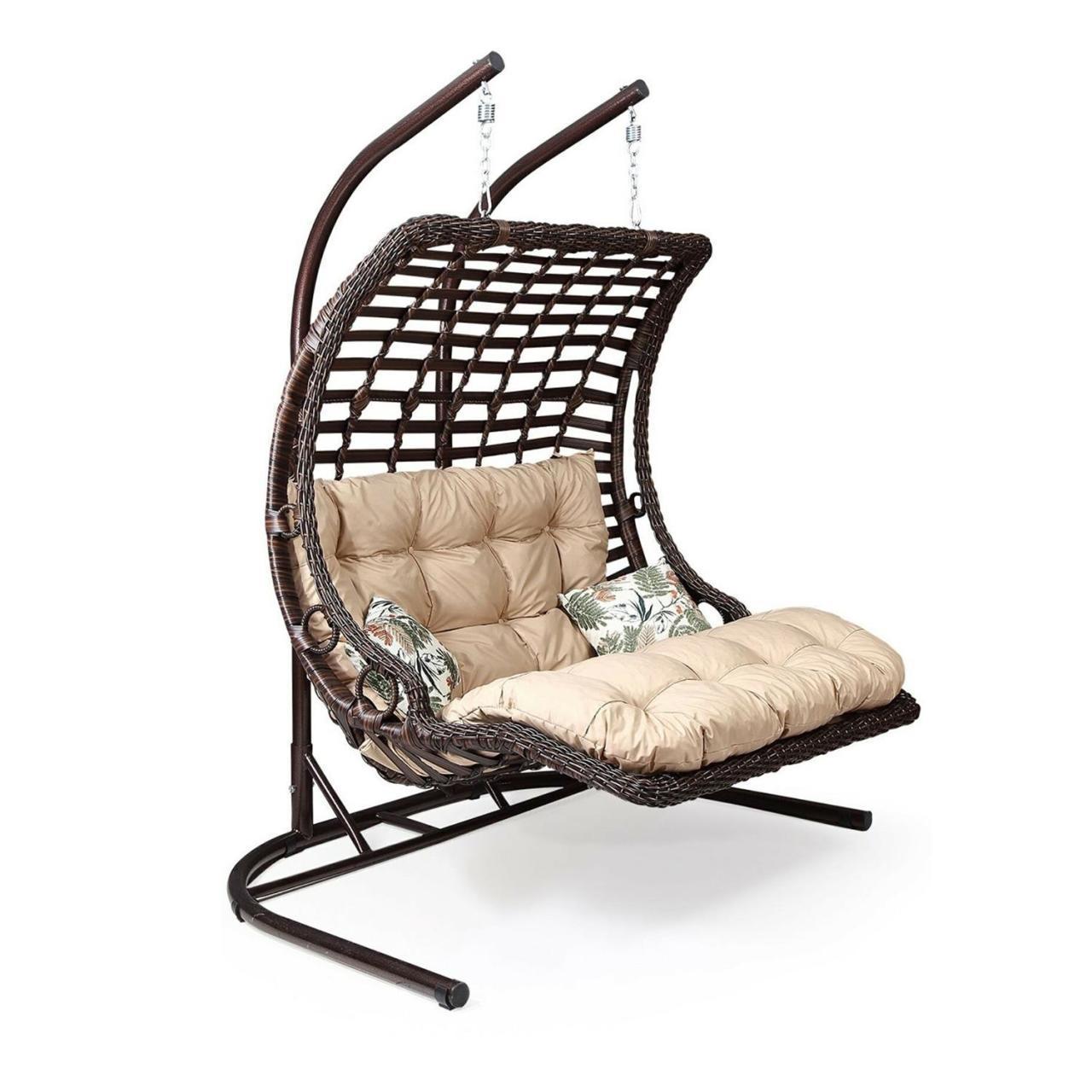 Standard Outdoor Rattan Wicker Double Seat Hanging Egg Swing Chair with Metal Stand Material General Place Model for sale