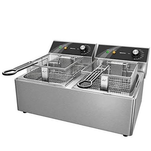 2 Tank Stainless Steel Deep Fryer with Double Basket Square Large Countertop Temperature Control