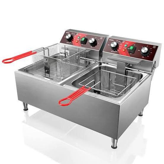 2 Tank Stainless Steel Deep Fryer with Double Basket Square Large Countertop Temperature Control