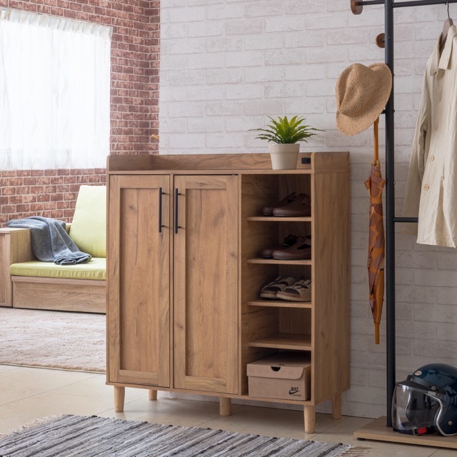 Shoe cabinet with open storage cubbies