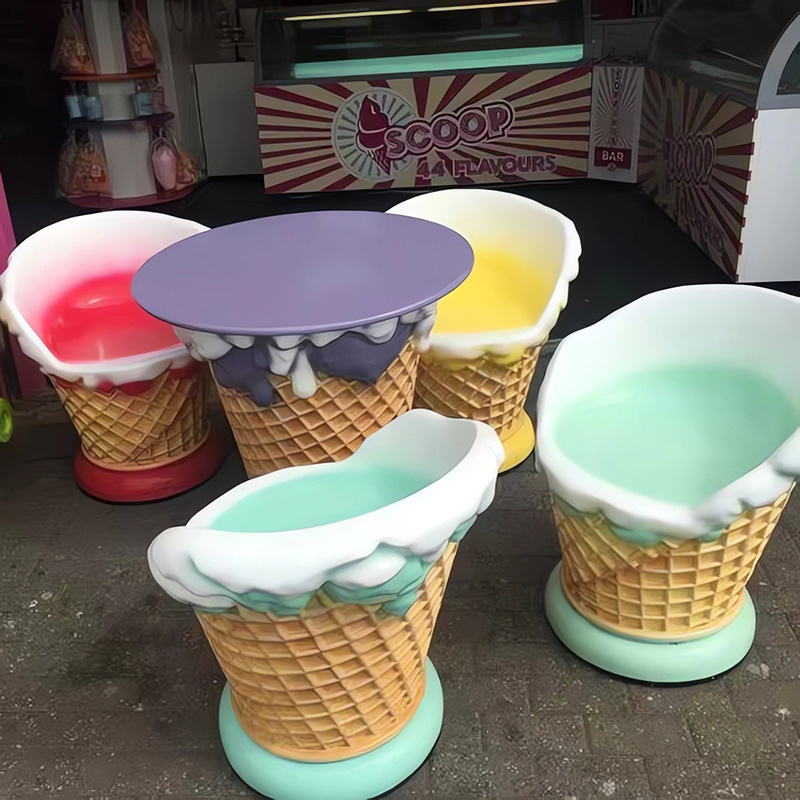 Outdoor fiberglass ice cream shop furniture/ice cream table and chairs/ice cream cones chairs sculpture