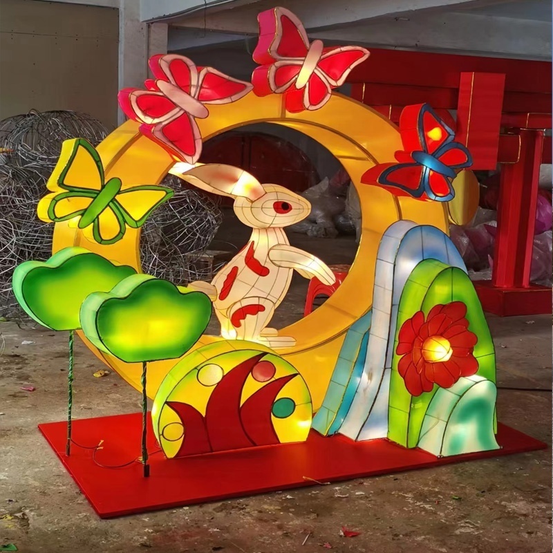 Chinese lantern festival art sculpture silk led lanterns outdoor arch animals shape red rabbit butterfly lanterns