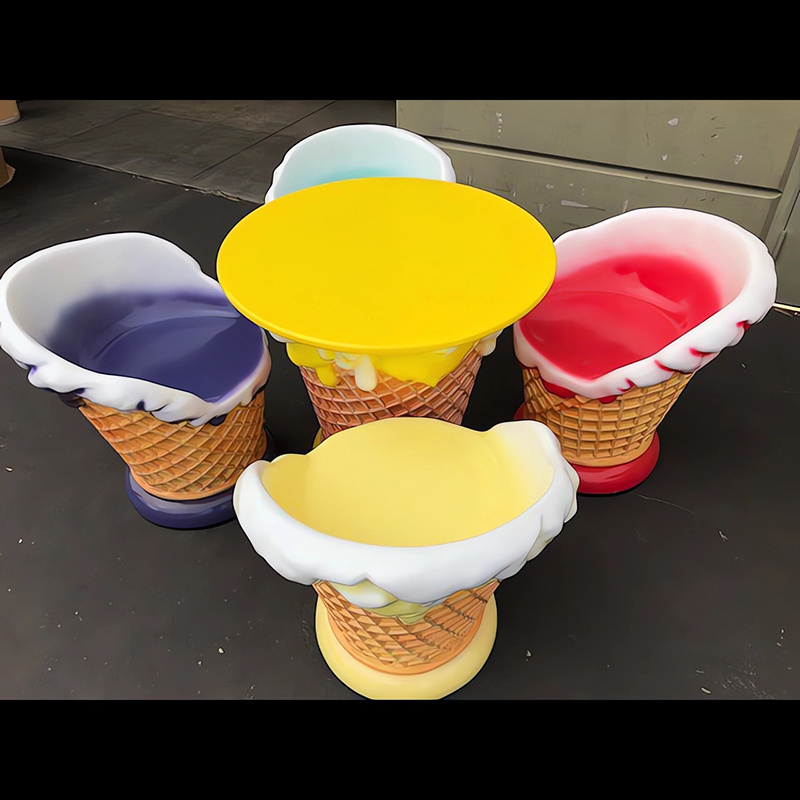 Outdoor fiberglass ice cream shop furniture/ice cream table and chairs/ice cream cones chairs sculpture