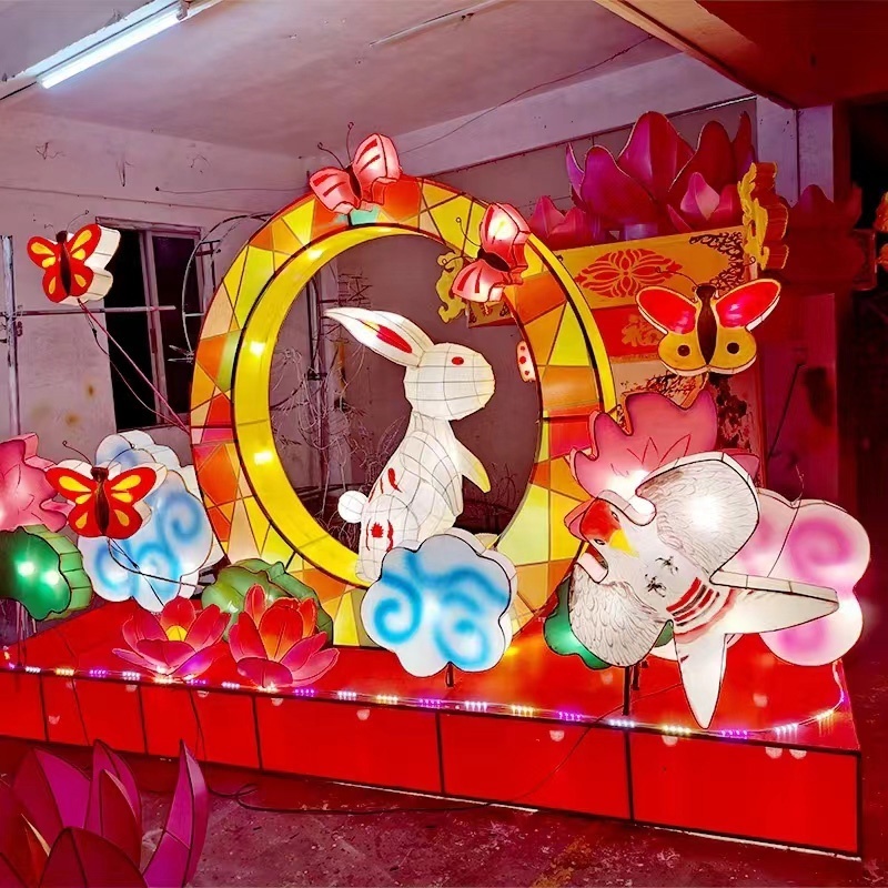 Chinese lantern festival art sculpture silk led lanterns outdoor arch animals shape red rabbit butterfly lanterns