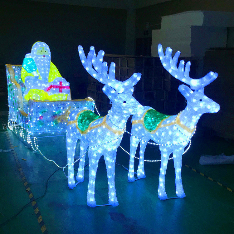 large outdoor 3d Acrylic motif lights Christmas sitting Santa Claus double Deer pull carts for Christmas decoration