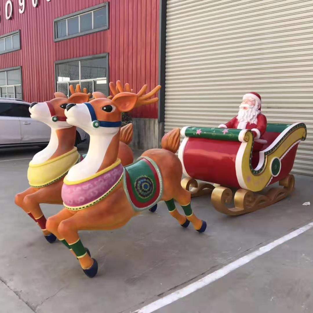 2020 newest outdoor large fiberglass park garden 3D light reindeer family  life size Santa  and sleigh statue for sale