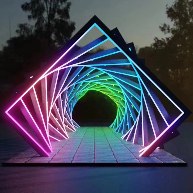 outdoor Christmas Holiday Illuminated Tunnel Lights Geometric Metal Arch Door Tunnel background road guide for event