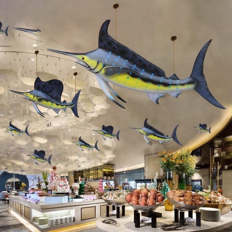 FRP marine animal sculpture resin shark ornaments wall hanging swordfish statue for restaurant