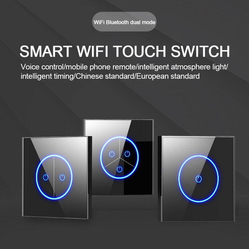 EU Standard 86mm 1/2/3 Gang Tuya Smart Home Wifi Switches Black Glass Panel Touch Screen Wall Light Smart Switch