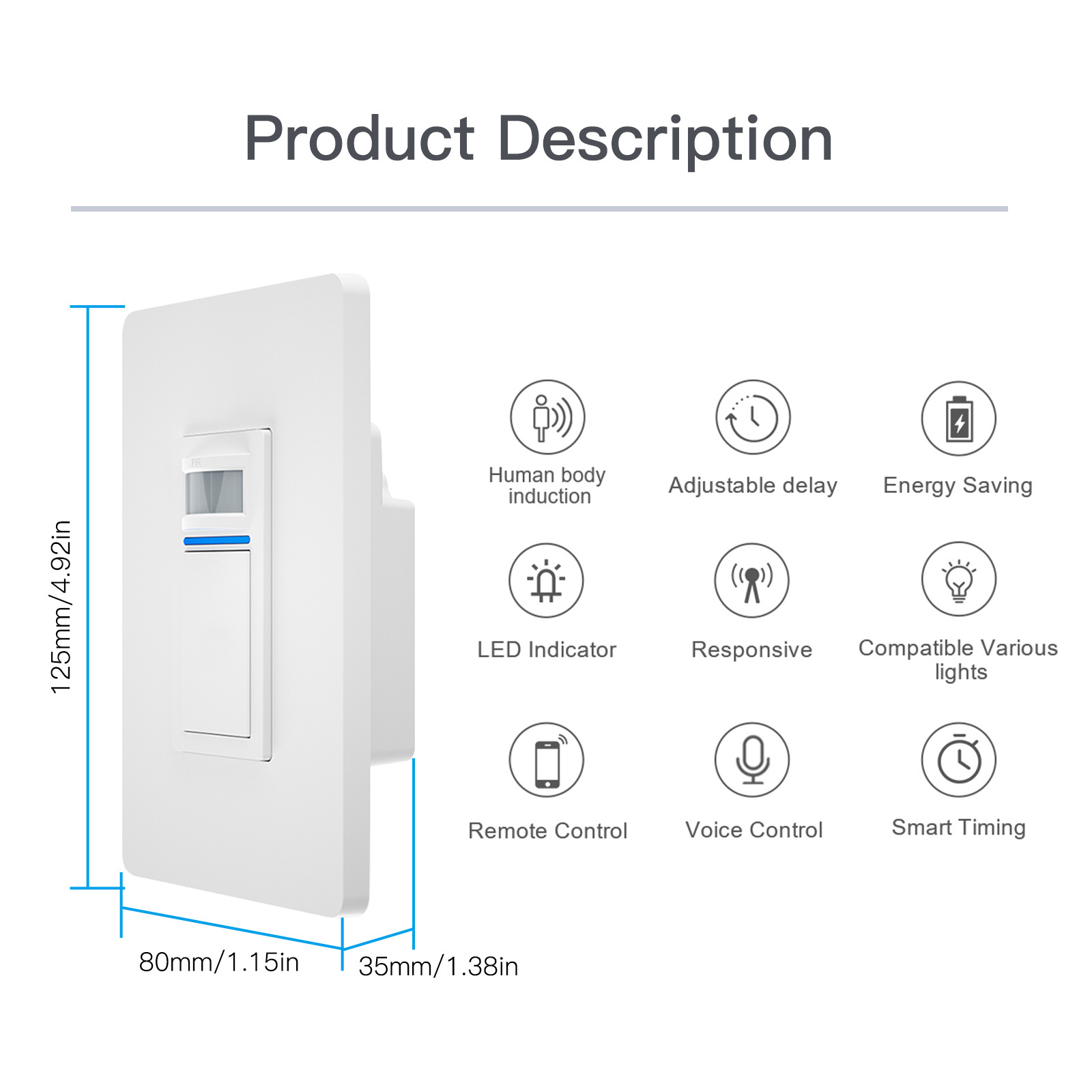 Smart Motion Sensor Wall Light Control Switch PIR Occupancy Sensor Switch Single Pole 2.4GHz Wi-Fi Pir Switch support Alexa