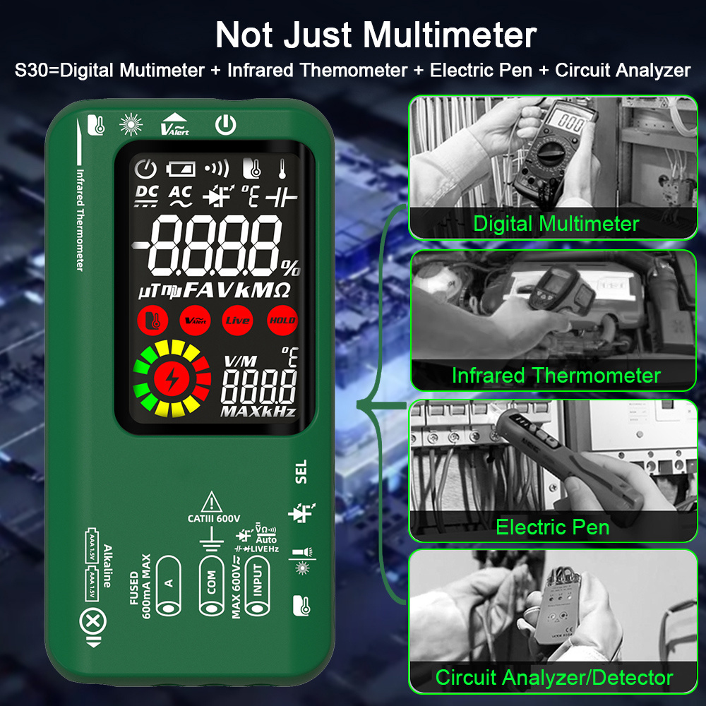 S30 B SIDE Digital Smart Multimeter 9999 T-RMS DC AC Voltage Current 15V Diode Capacitor Ohm NCV USB Rechargeable Tester