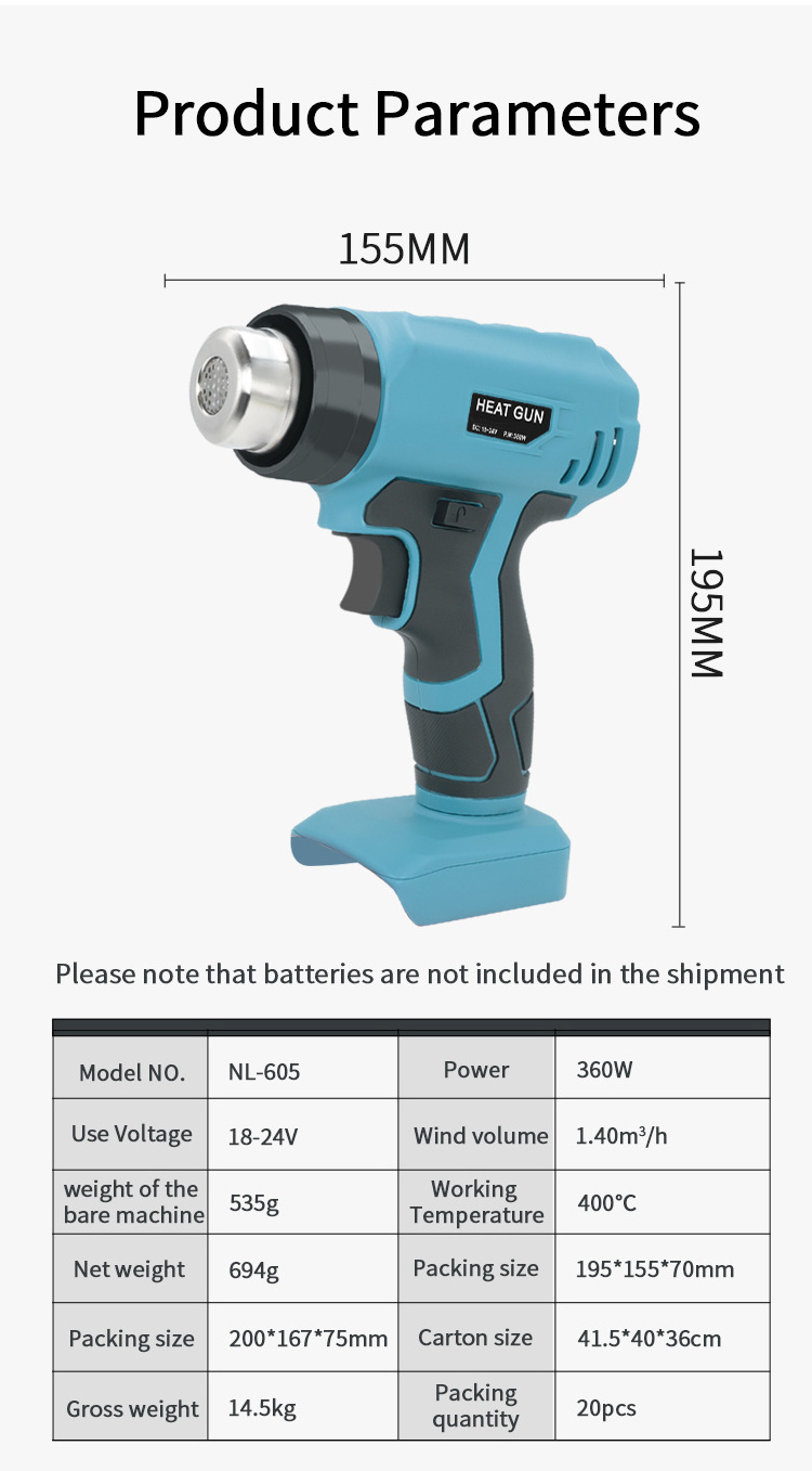 Rechargeable cordless 20V Max Lithium-ion battery hot air gun heat gun kit temperature adjustment for shrink wrap,crafting