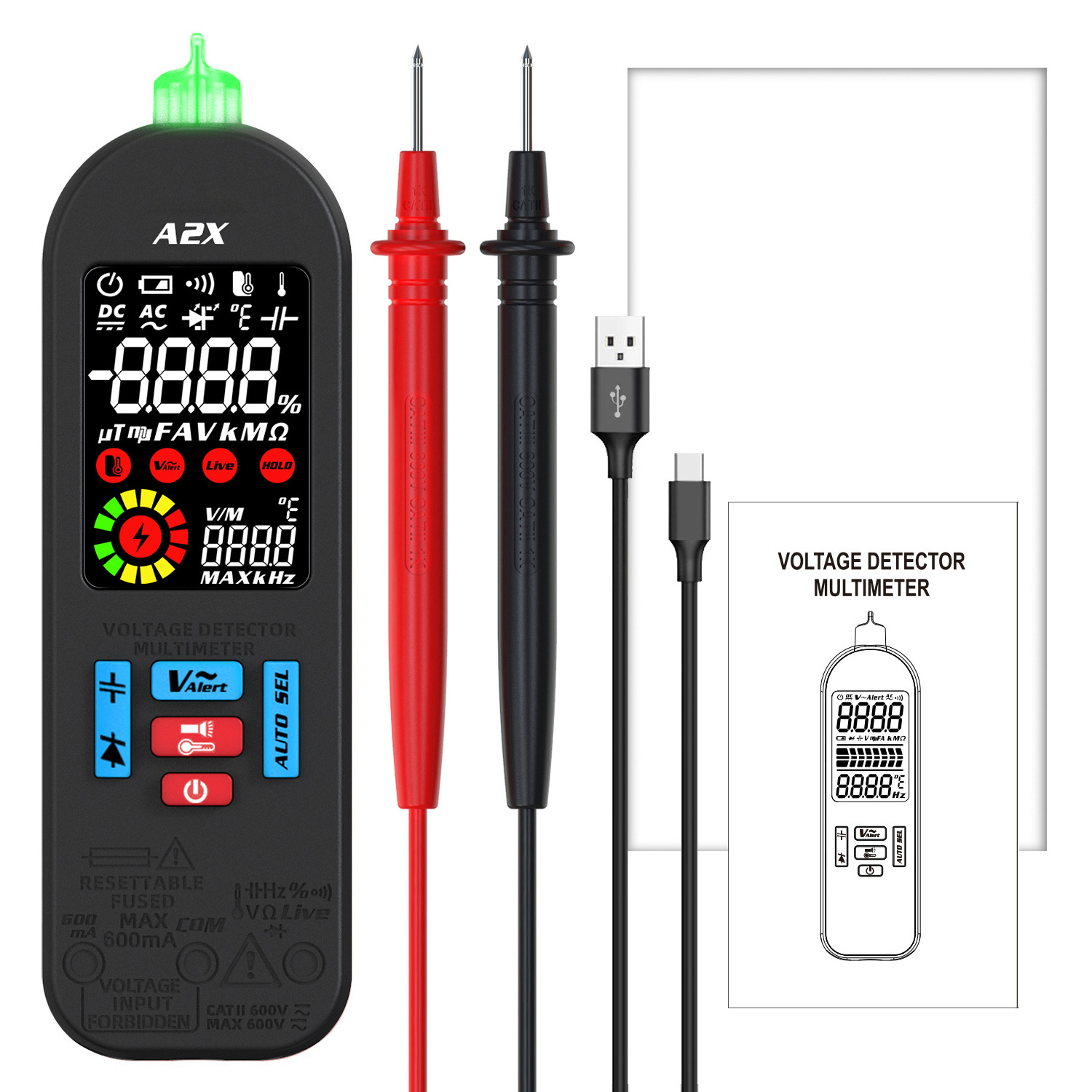 A2x Smart Digital Multimeter Rechargeable Professional Automatic Voltage Tester Handheld VFC AC DC Diode Capacitor Resistance