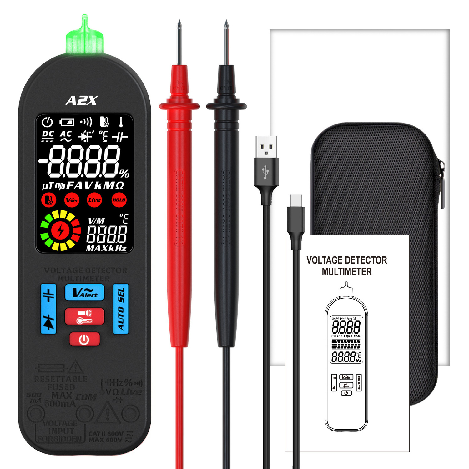 A2x Smart Digital Multimeter Rechargeable Professional Automatic Voltage Tester Handheld VFC AC DC Diode Capacitor Resistance