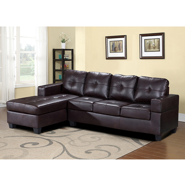 Hot Sale Living Room Furniture L Shape Corner Brown Leather Sofa Sectional Couch With Ottoman Sets