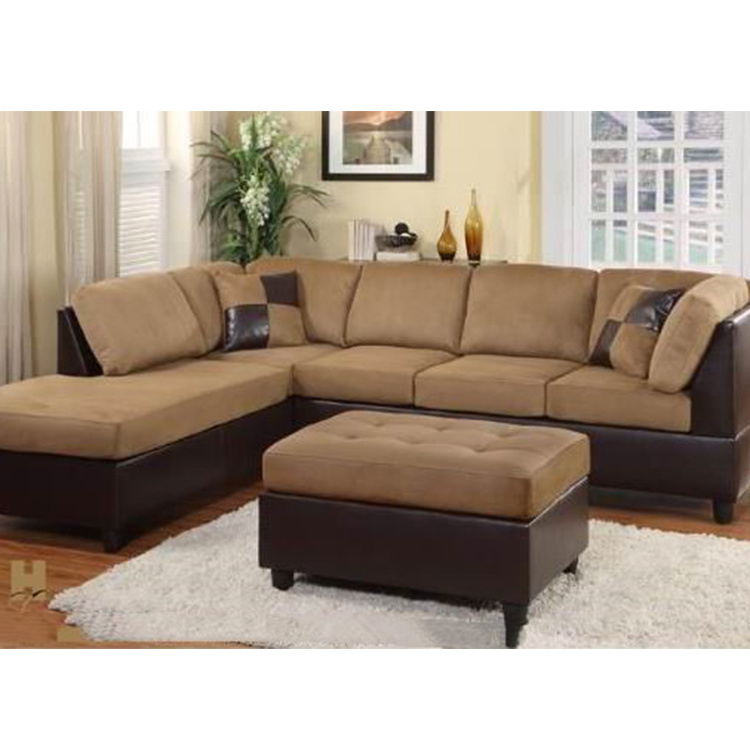 Hot Sale Living Room Furniture L Shape Corner Brown Leather Sofa Sectional Couch With Ottoman Sets