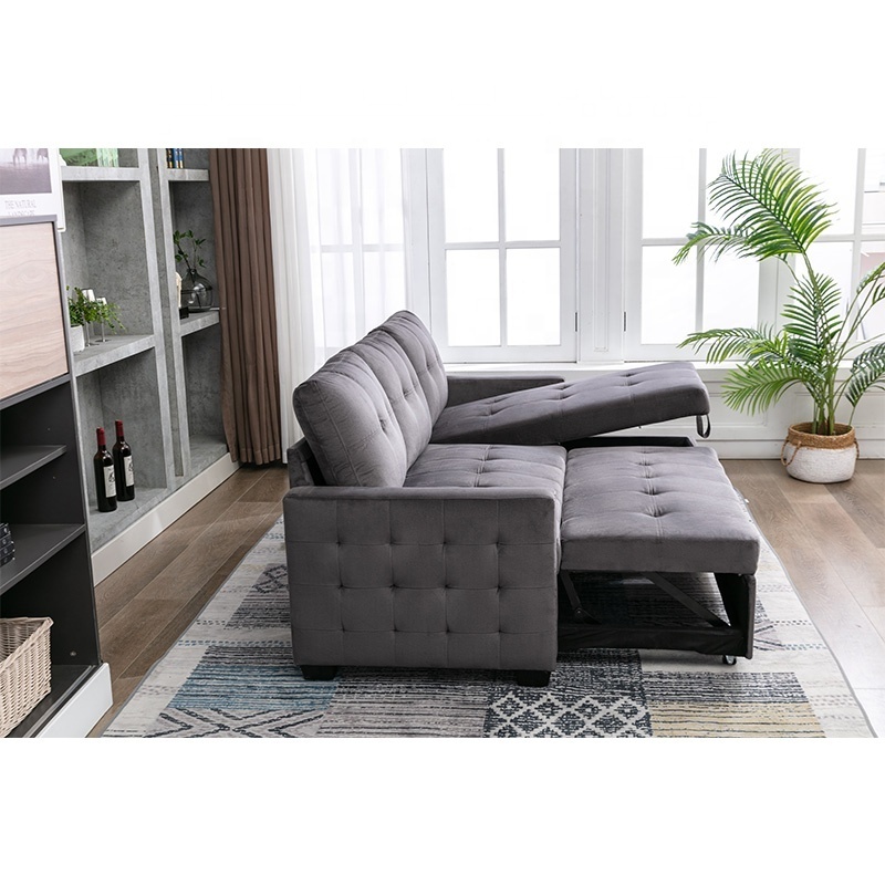 Factory L-Shape 2 Seat Sectional Chaise With Storage Skin-Feeling Velvet Fabric Reversible Sleeper Sofa Bed