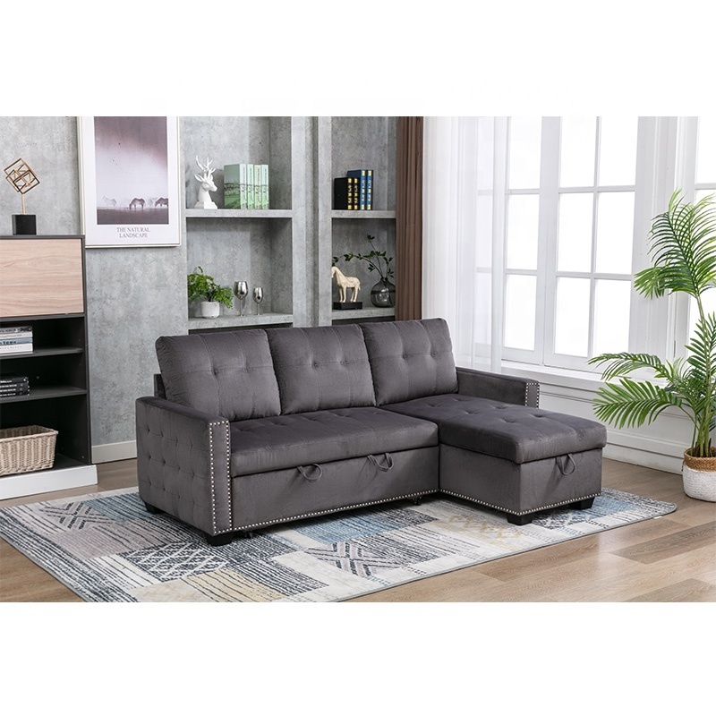 Factory L-Shape 2 Seat Sectional Chaise With Storage Skin-Feeling Velvet Fabric Reversible Sleeper Sofa Bed