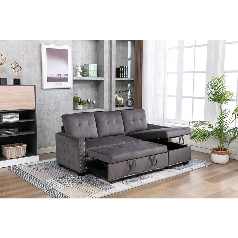 Factory L-Shape 2 Seat Sectional Chaise With Storage Skin-Feeling Velvet Fabric Reversible Sleeper Sofa Bed