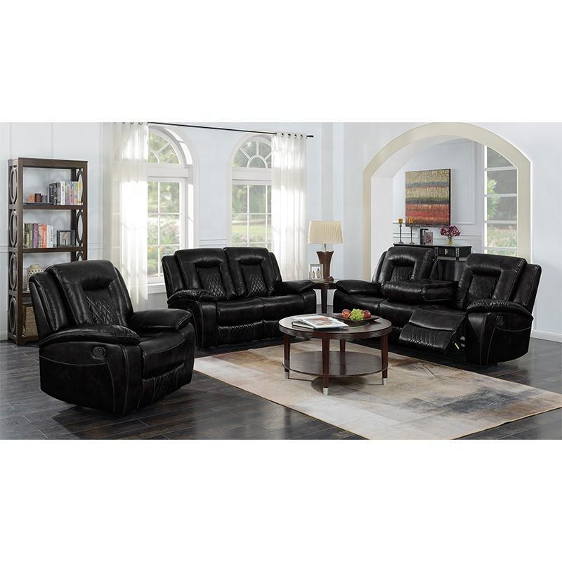 Modern Style Black Leather Recliner Sofa Set Furniture Luxury Recliner Sofa Set 2+2+1 Seater for Living Room