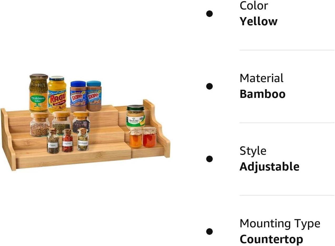 Wooden Bamboo Spice Rack Kitchen Cabinet Organizer- 3 Tier Bamboo Expandable Display Shelf