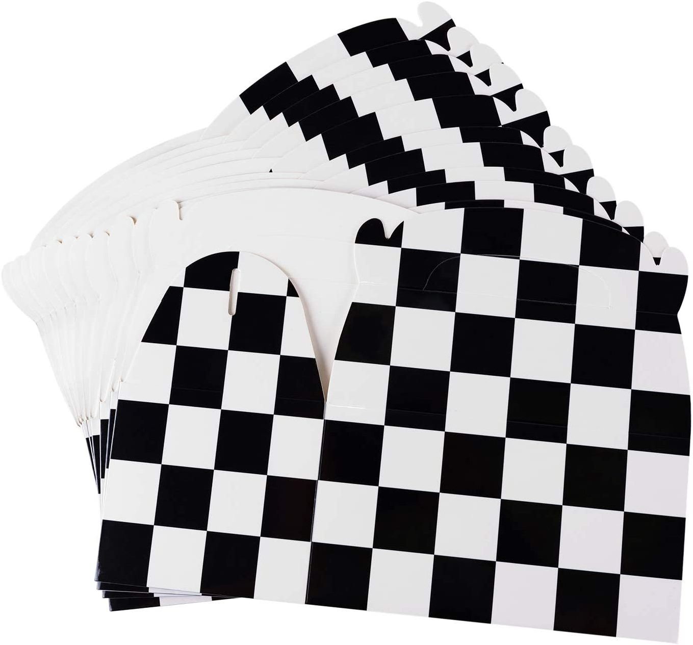 Black and White Checker Racing Flag Pennant Treat Gift Paper Cardboard Boxes with Handles for Crafts Candy Goodie