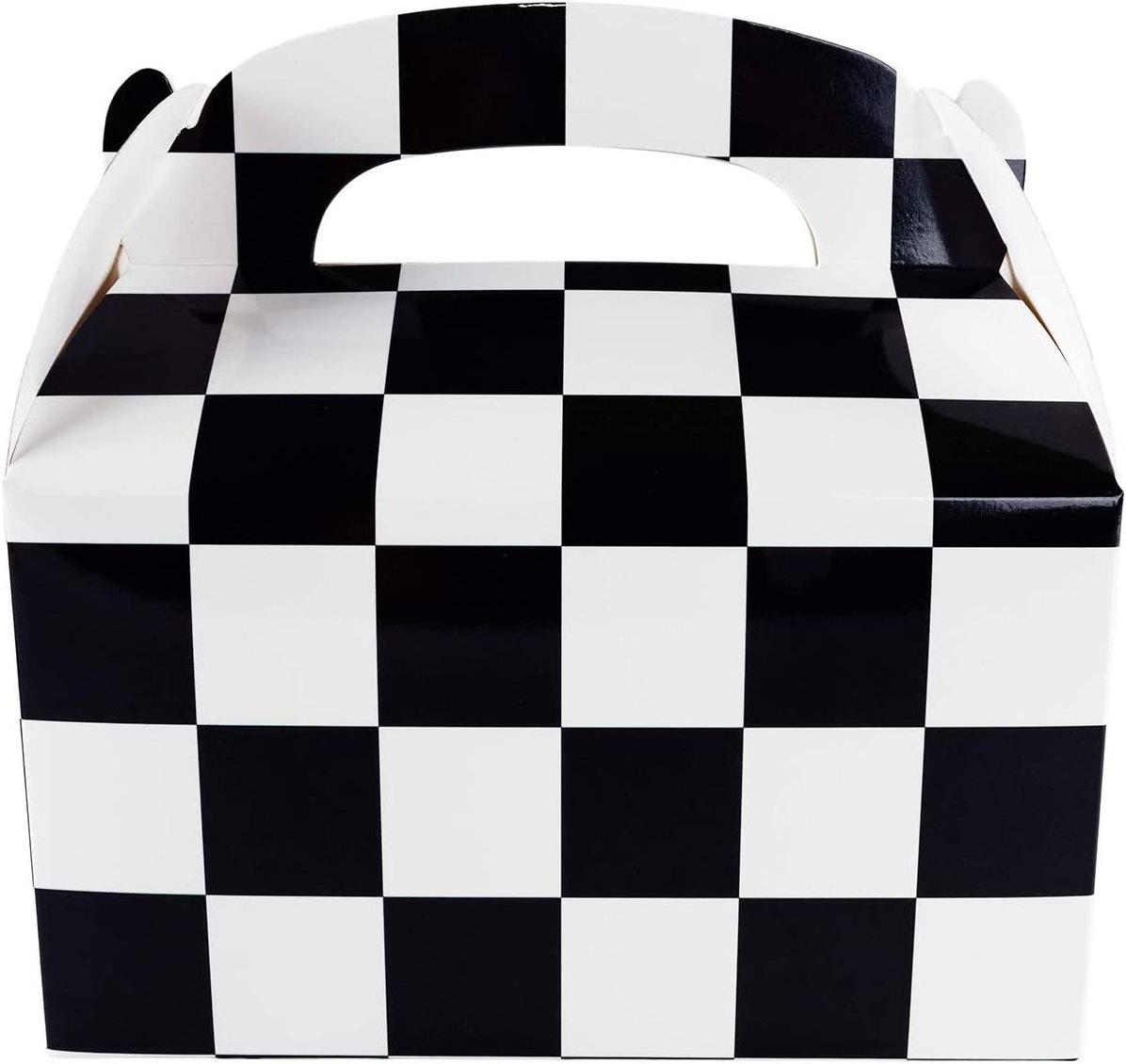 Black and White Checker Racing Flag Pennant Treat Gift Paper Cardboard Boxes with Handles for Crafts Candy Goodie