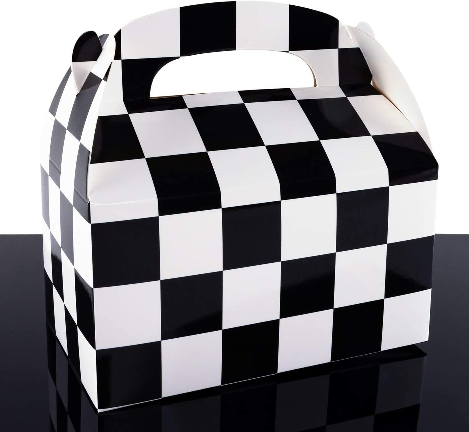 Black and White Checker Racing Flag Pennant Treat Gift Paper Cardboard Boxes with Handles for Crafts Candy Goodie